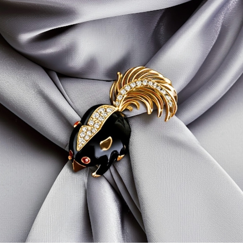 Vintage Puccini Black Enamel Skunk Brooch with Rhinestones - Picture 10 of 14